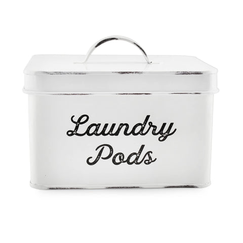 AuldHome Design portacapsulas lavanderia esmaltado blanco rustico, ideal para ordenar capsulas de detergente