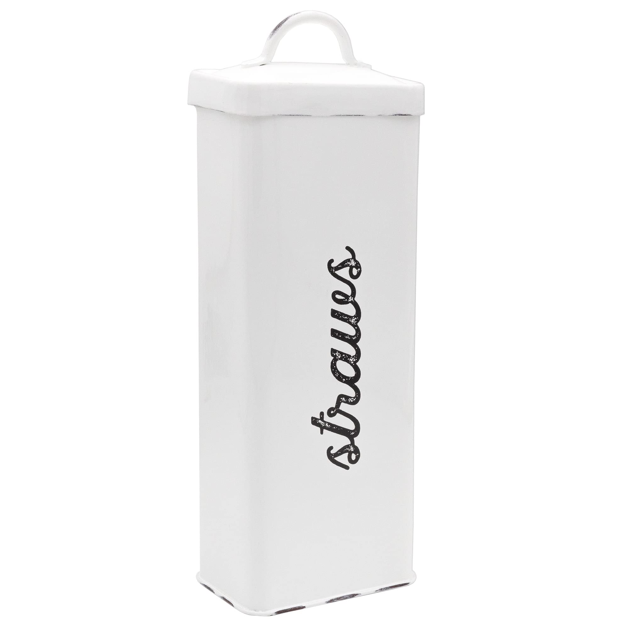 Portapajitas AuldHome Design esmaltado blanco sobre encimera para organización rápida.