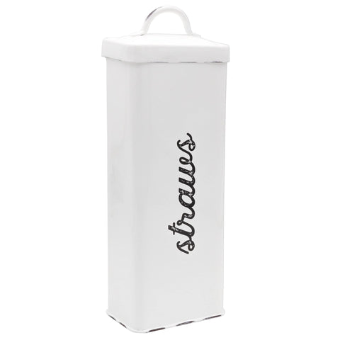 Portapajitas AuldHome Design esmaltado blanco sobre encimera para organización rápida.