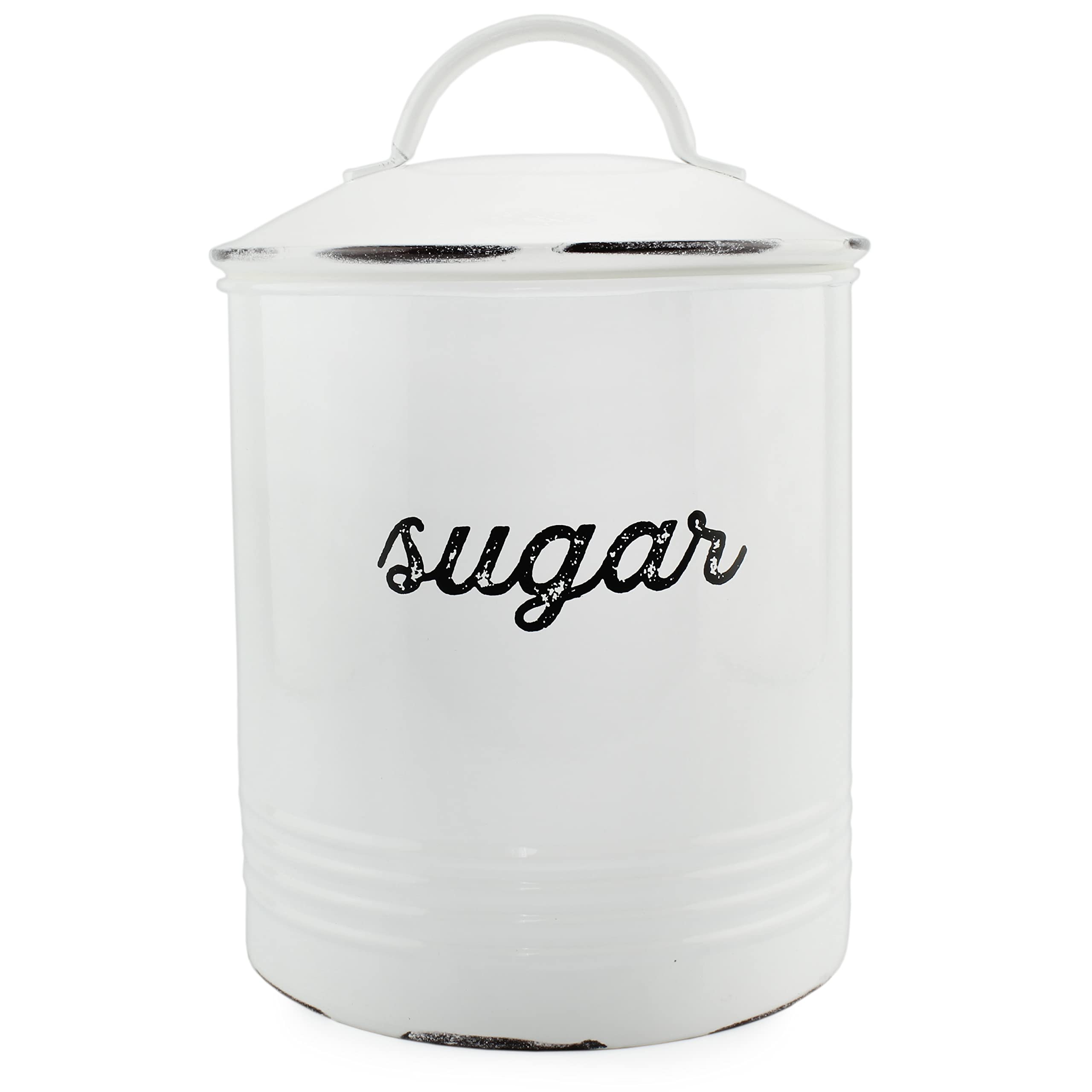 Frasco de azúcar blanco de AuldHome Design en frontal para encimera.