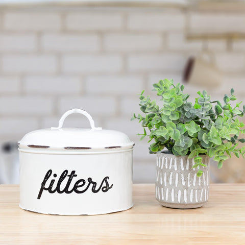 Organizador AuldHome para filtros de café en esmalte blanco, acceso rápido.