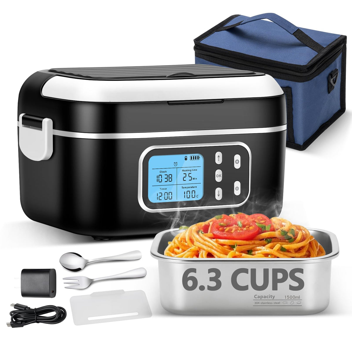 AUMETE caja de almuerzo calentador con batería extendida para calor prolongado en movimiento.
