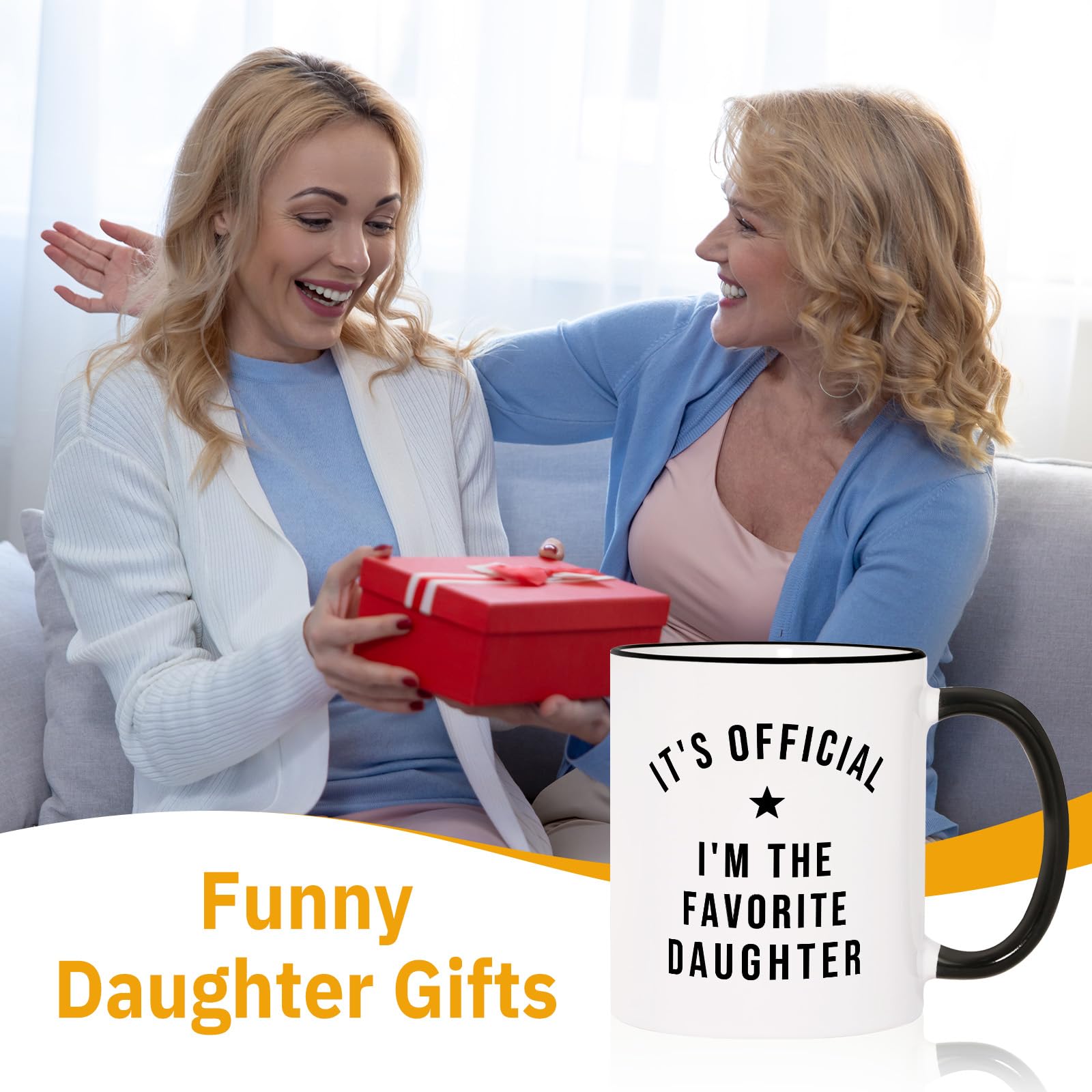 Aurahouse Taza Hija Favorita, vista trasera, muestra el mensaje con orgullo familiar.