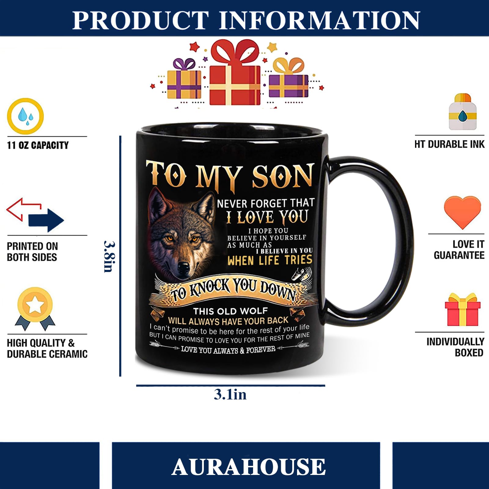 Aurahouse Taza Regalo Hijo Lobo 11oz, regalo significativo