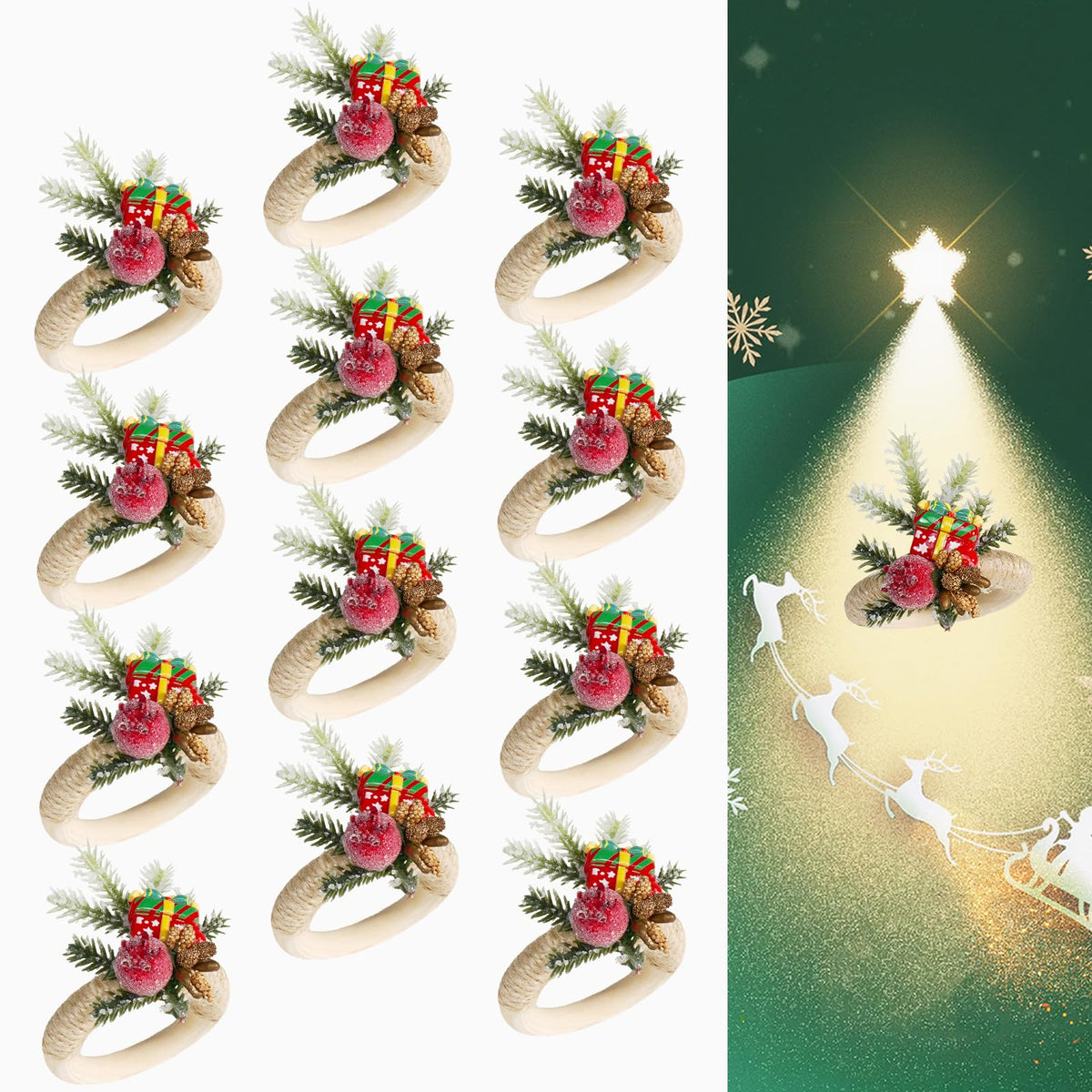 AuroraAria anillos para servilleta navideños en madera para mesa elegante