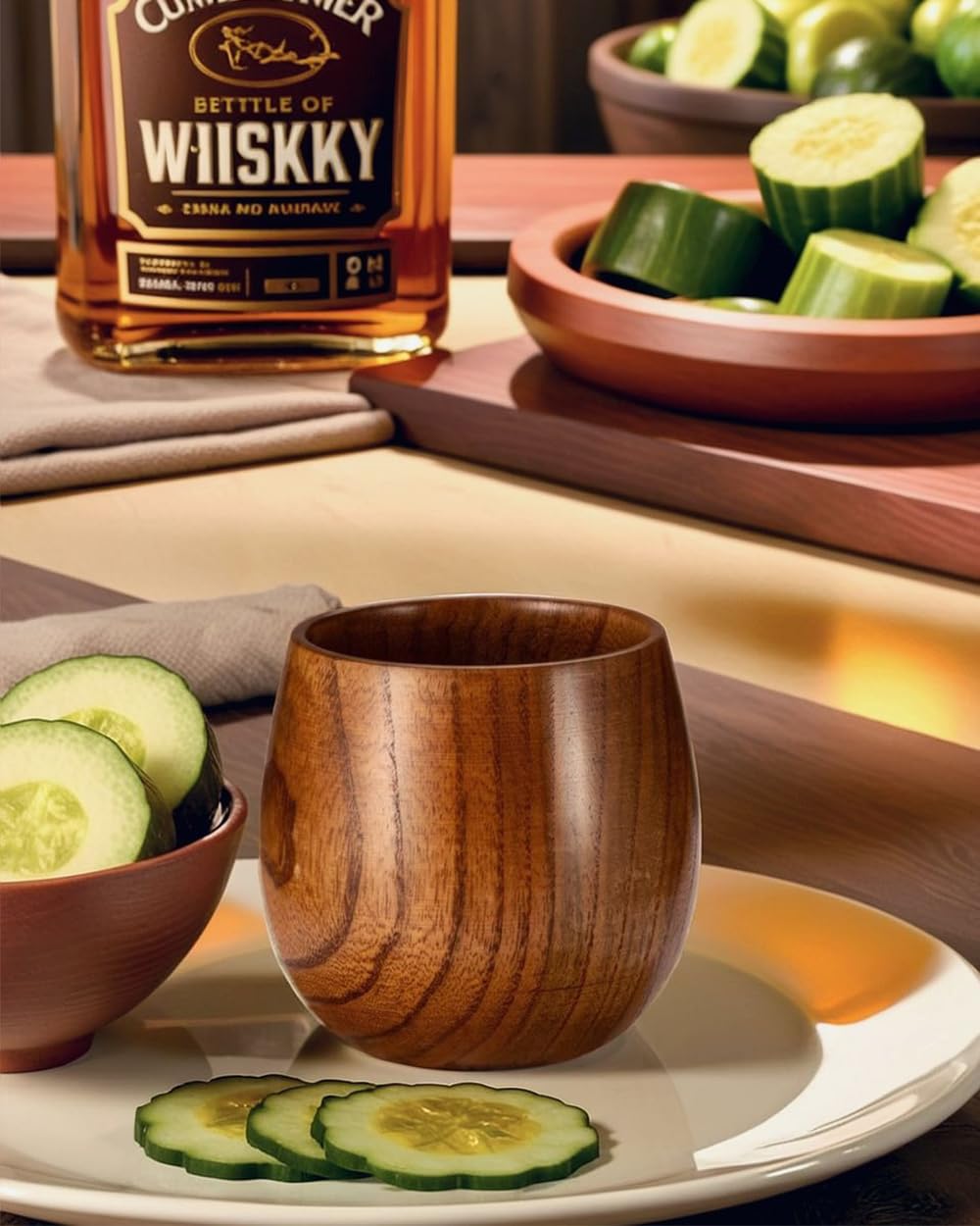 Detalle del grano de madera Aurueda, vaso whisky, patrón único para regalo distintivo.