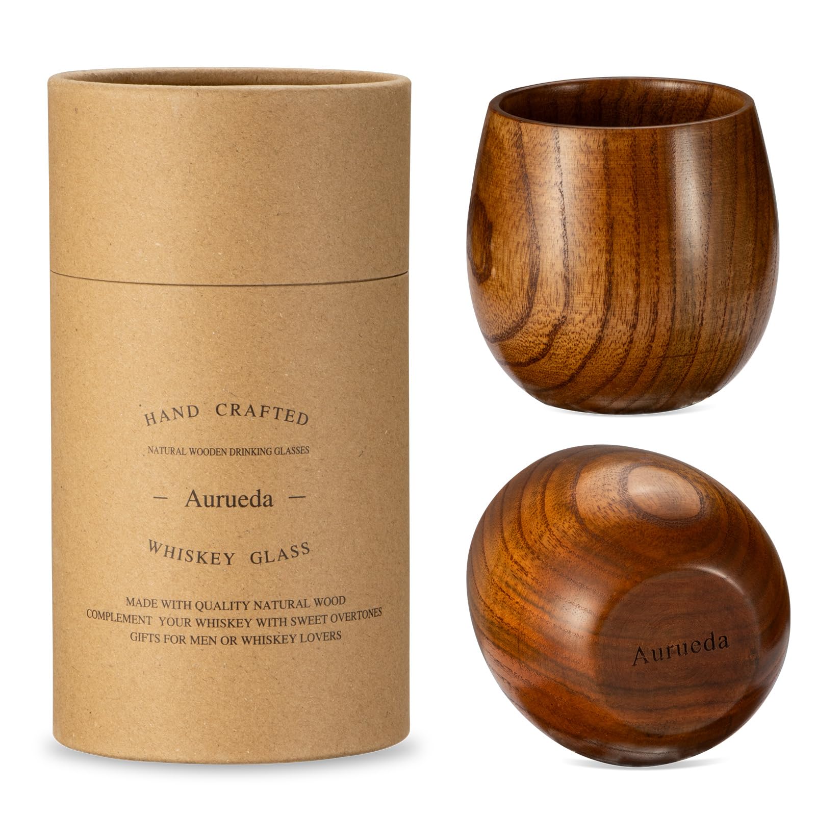 Vaso whisky Aurueda de madera, primer plano del grano, experiencia de alta gama.