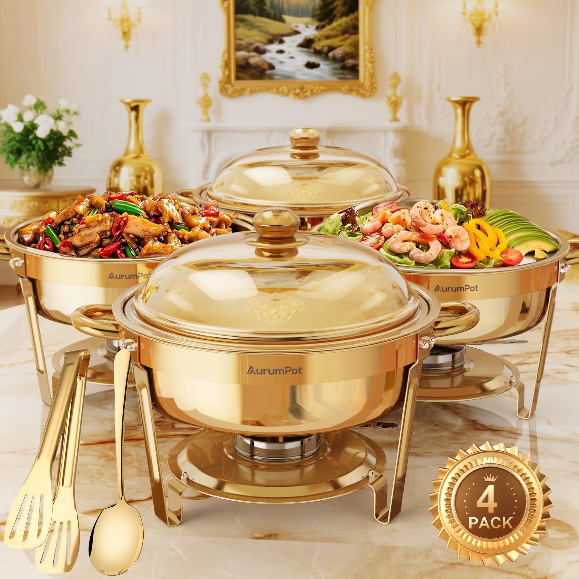 AurumPot cucharas doradas y pinzas incluidas para servir con elegancia.