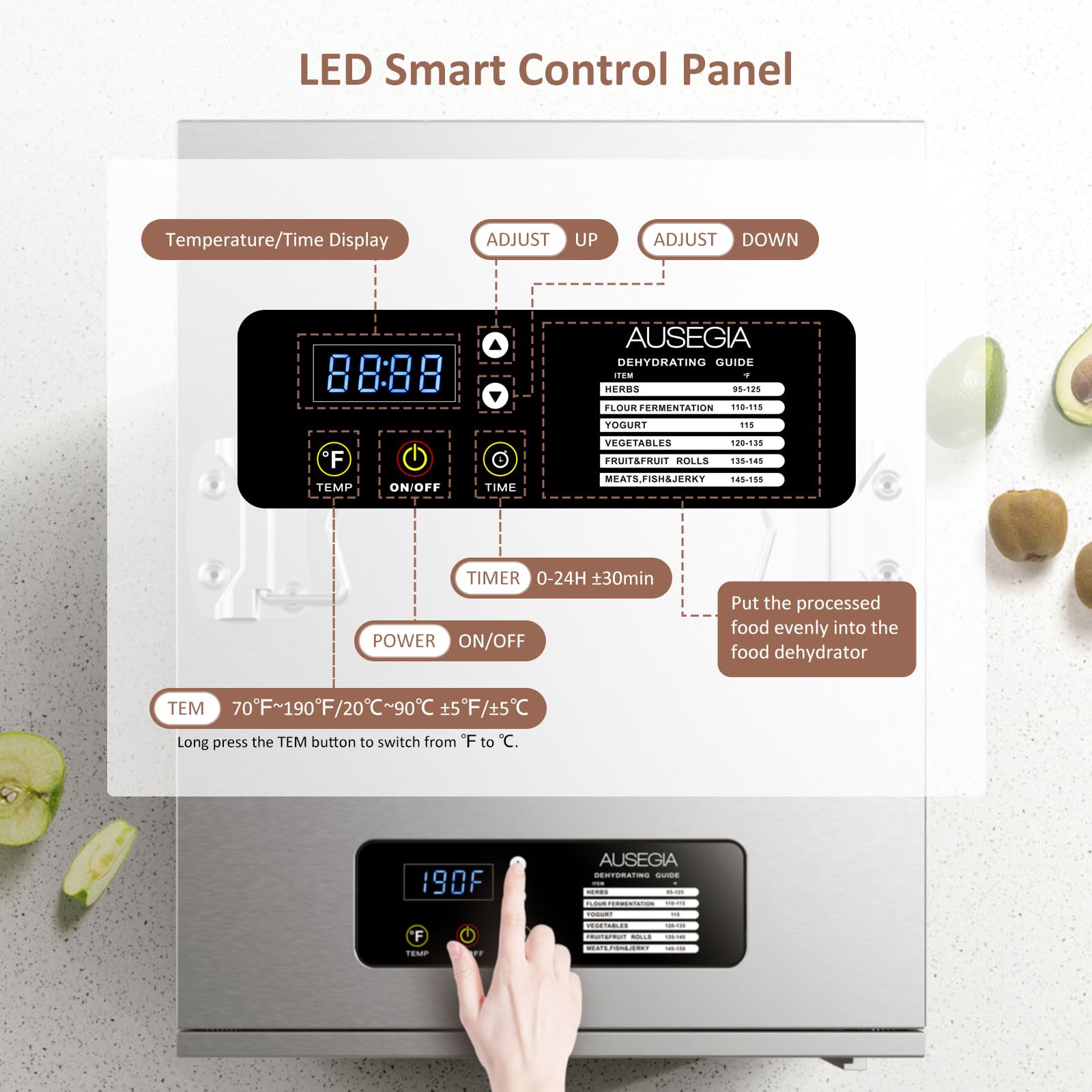 Deshidratador Ausegia con accesorios completos para recetas variadas.