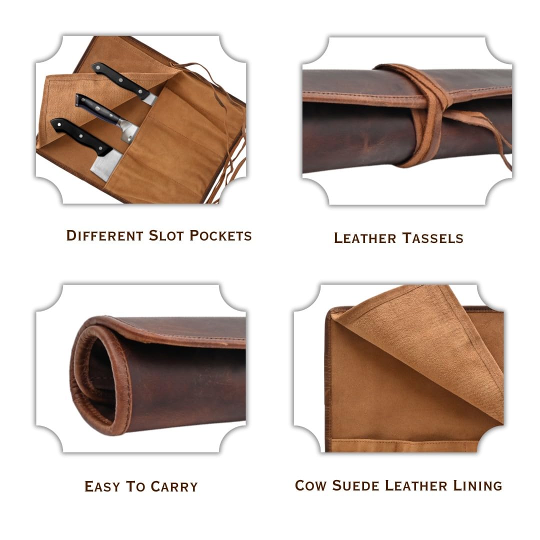 Autentico Leather estuche cuchillos, 4 ranuras para organización segura en viaje.