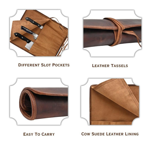 Autentico Leather estuche cuchillos, 4 ranuras para organización segura en viaje.