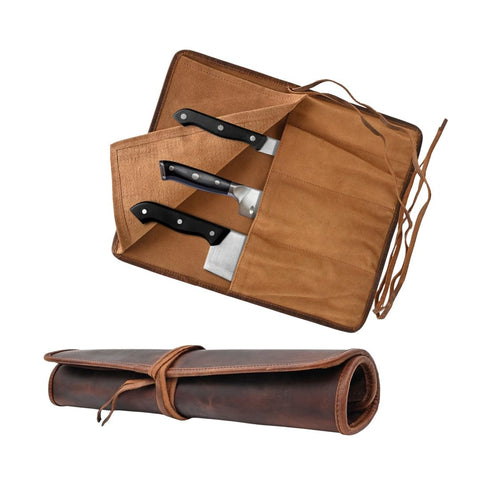 Autentico Leather estuche para cuchillos enrollable en cuero genuino, transporte cómodo.