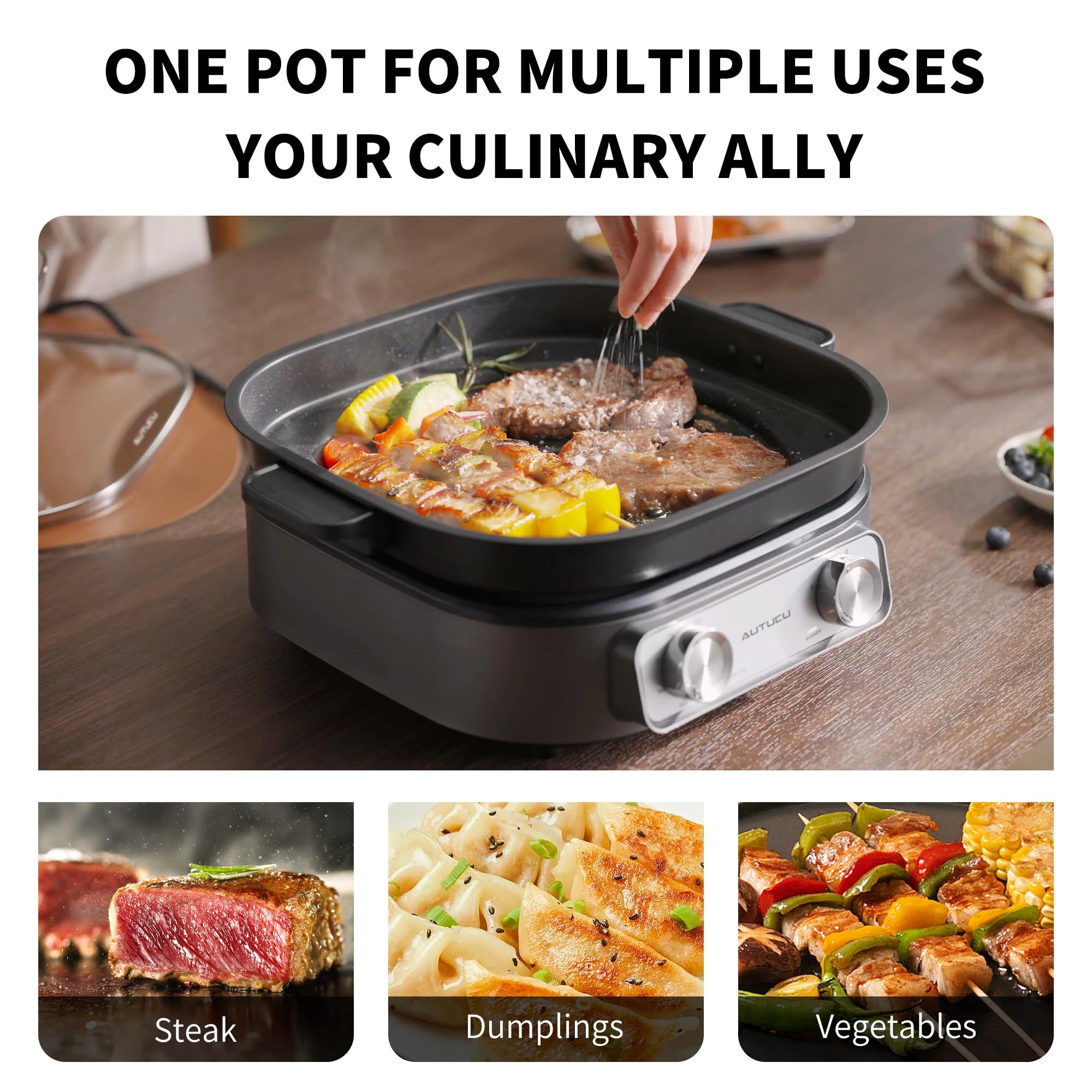 AUTUCU ajustes de potencia 400W, 1200W y 1600W para recetas variadas.