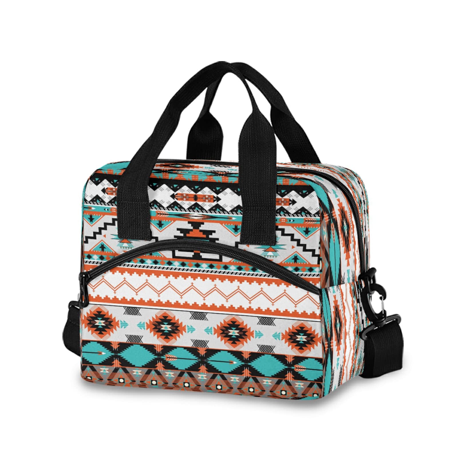 AUUXVA bolsa almuerzo etnica azteca geometrica frente, ideal para llevar comida al trabajo.