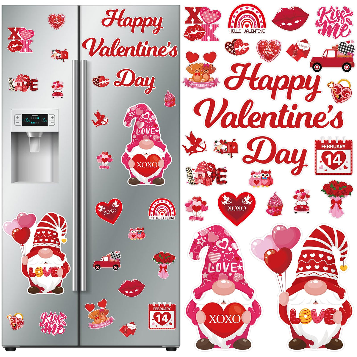 Imanes Auzesto San Valentín con corazones y gnomo para decorar la nevera.