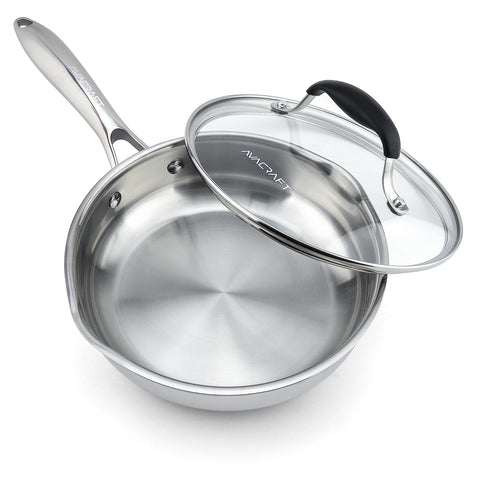 Sartén AVACRAFT de 8 pulgadas con tapa de vidrio y distribución de calor uniforme.
