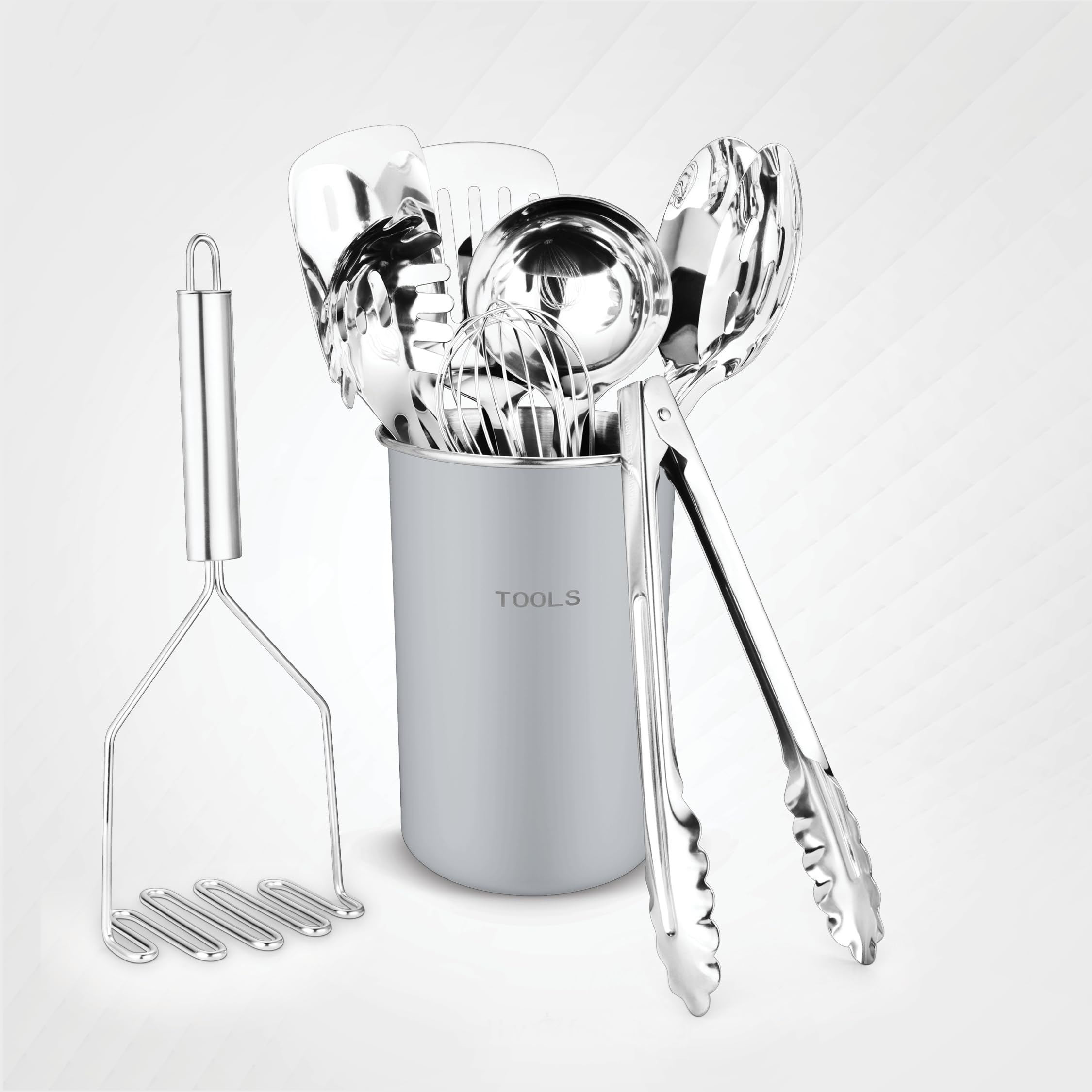 Avador Premium: juego de 10 utensilios en acero inoxidable con soporte gris para cocina.