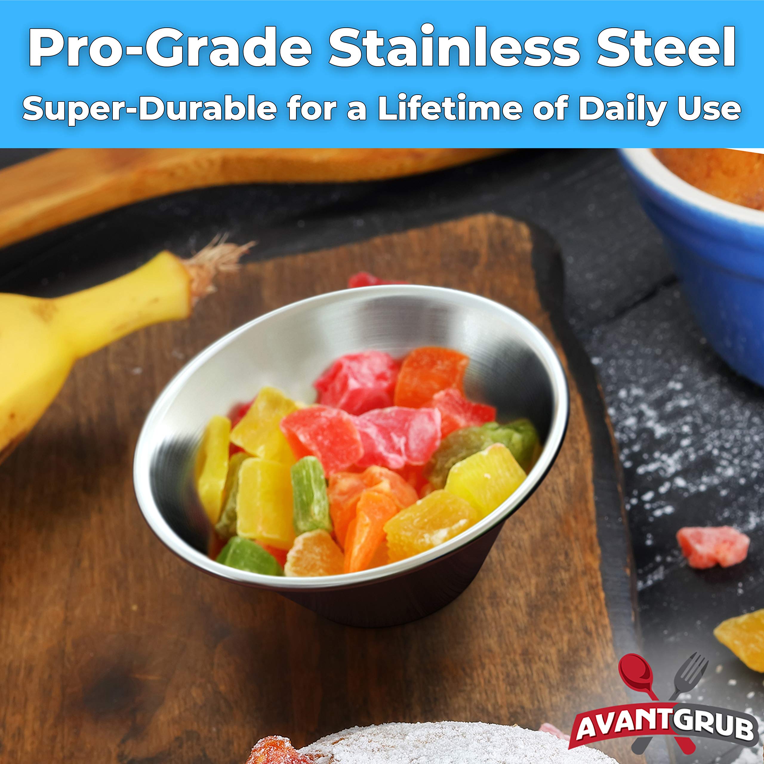 Avant Grub ramequines metal 1-5oz, duraderos para servicio diario.