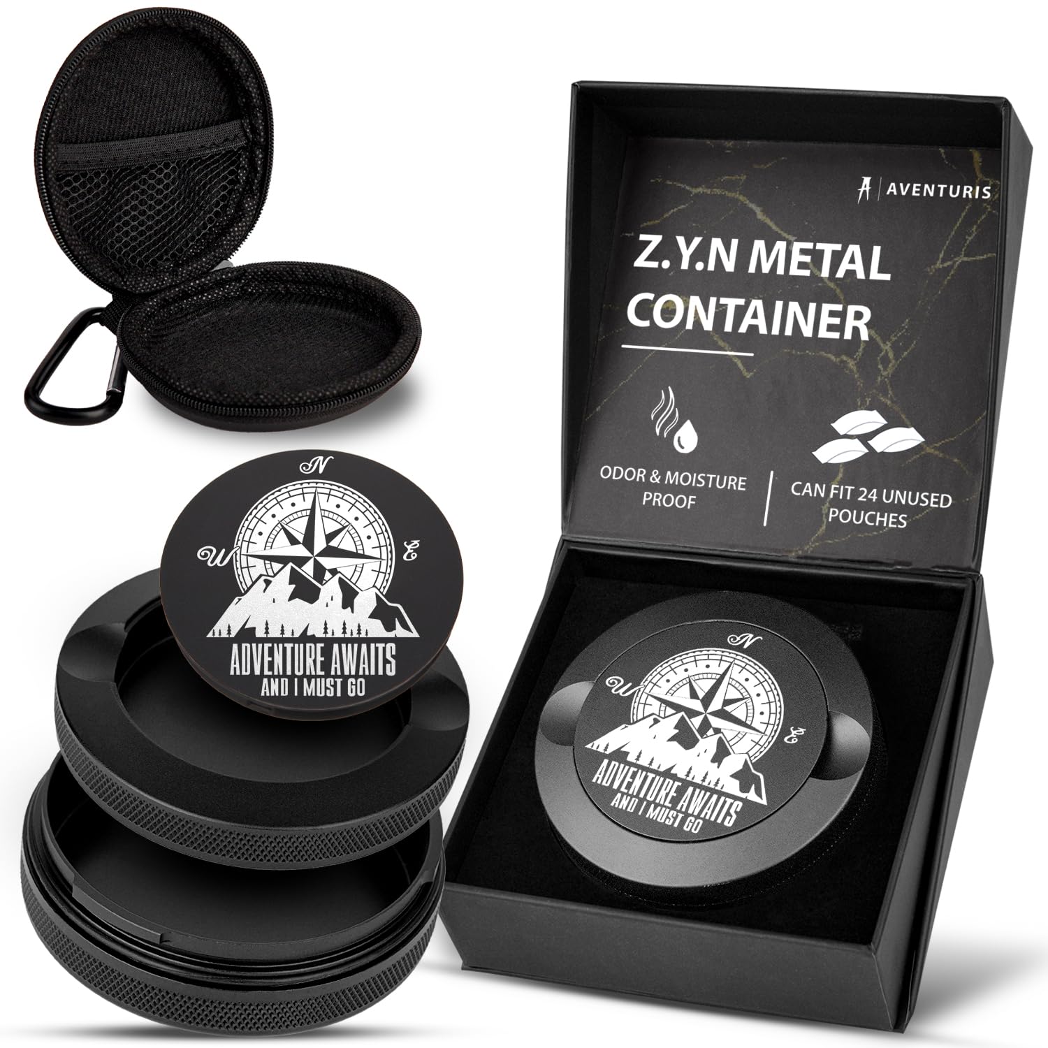 AVENTURIS Zyn Metal Can frente: protección duradera para tus bolsas.