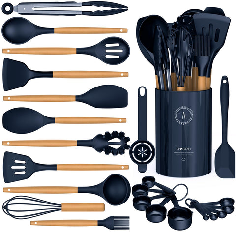 AVGPD juego de utensilios de silicona con mango de madera para cocinar sin rayar superficies antiadherentes.