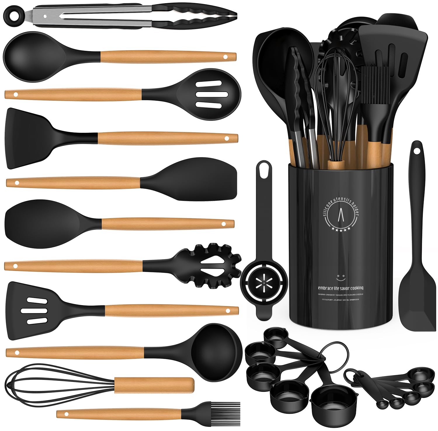 AVGPD utensilios de silicona con mango de madera para cocinar sin rayar sartenes.