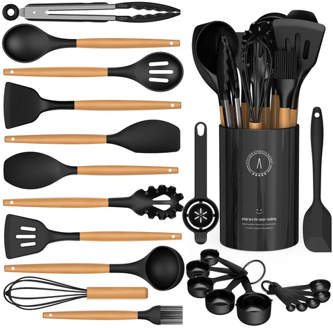 AVGPD utensilios de silicona con mango de madera para cocinar sin rayar sartenes.