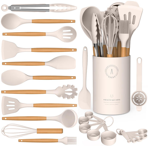 AVGPD set completo de utensilios de silicona con mango de madera, almacenamiento práctico