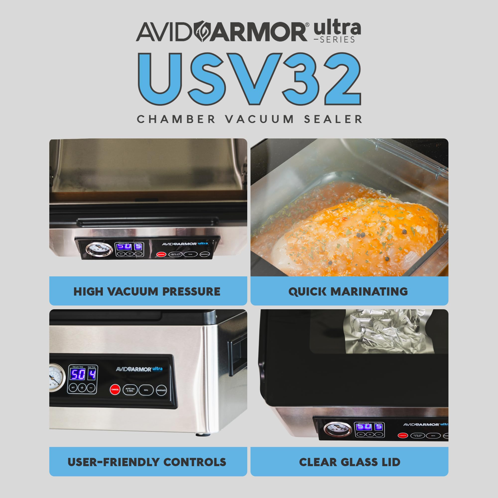 Avid Armor Ultra Series USV32, controles de una sola acción, sellados consistentes.