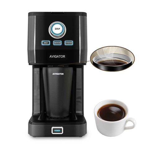 Avigator cafetera-una-taza-11oz en acero inoxidable, ideal para café fresco en casa u oficina.