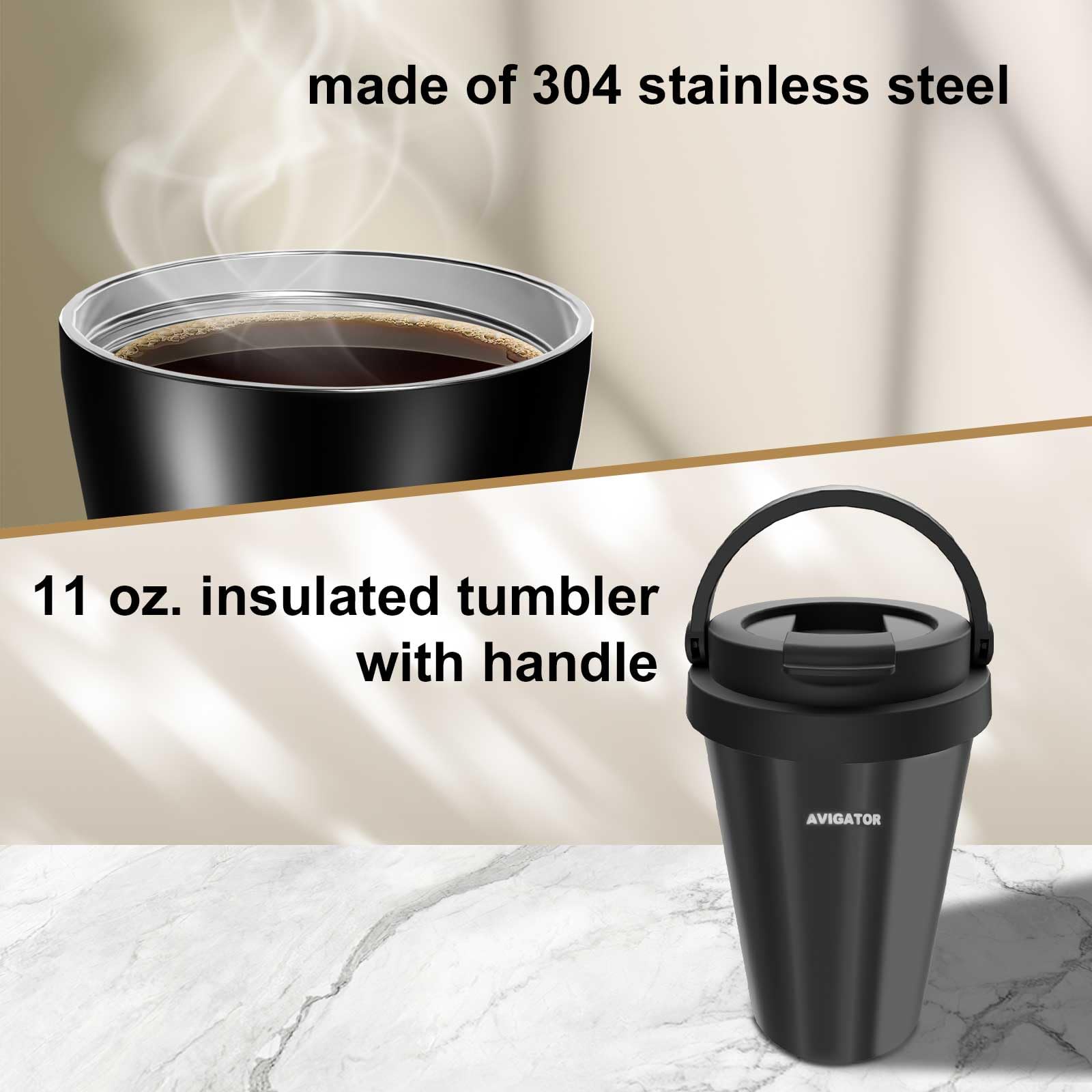 Avigator taza-viaje-11oz en acero inoxidable, perfecta para conservar calor en desplazamientos.