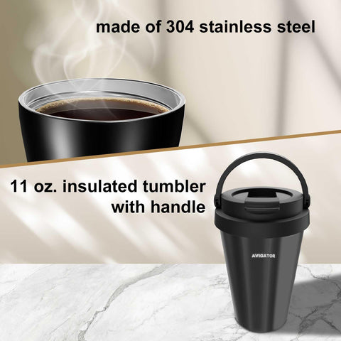 Avigator taza-viaje-11oz en acero inoxidable, perfecta para conservar calor en desplazamientos.