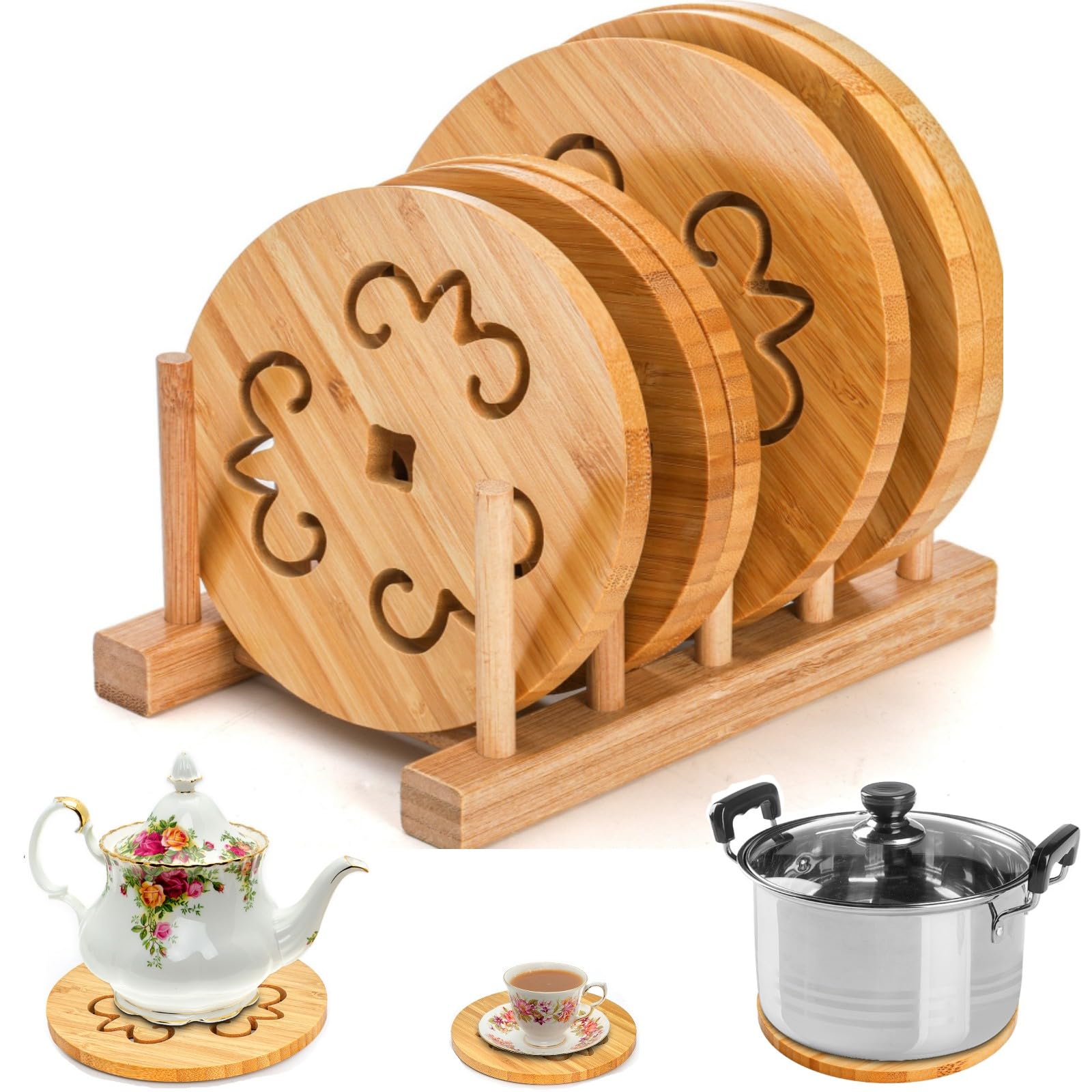 AVLA posavasos de bambú natural con estante para ordenar y proteger superficies.
