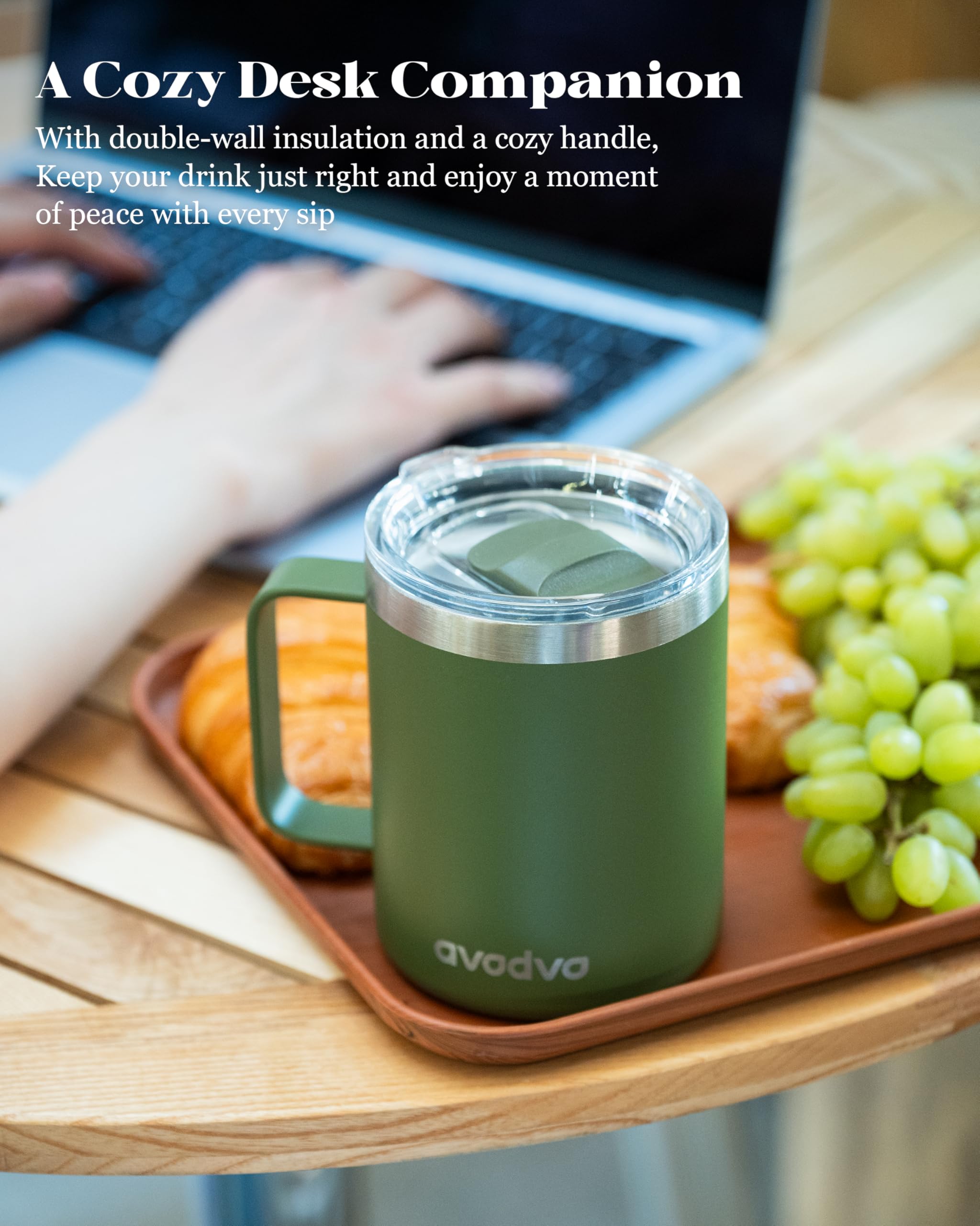 avodvo taza 12oz aislada con acabado antideslizante, evita condensación en la mano.