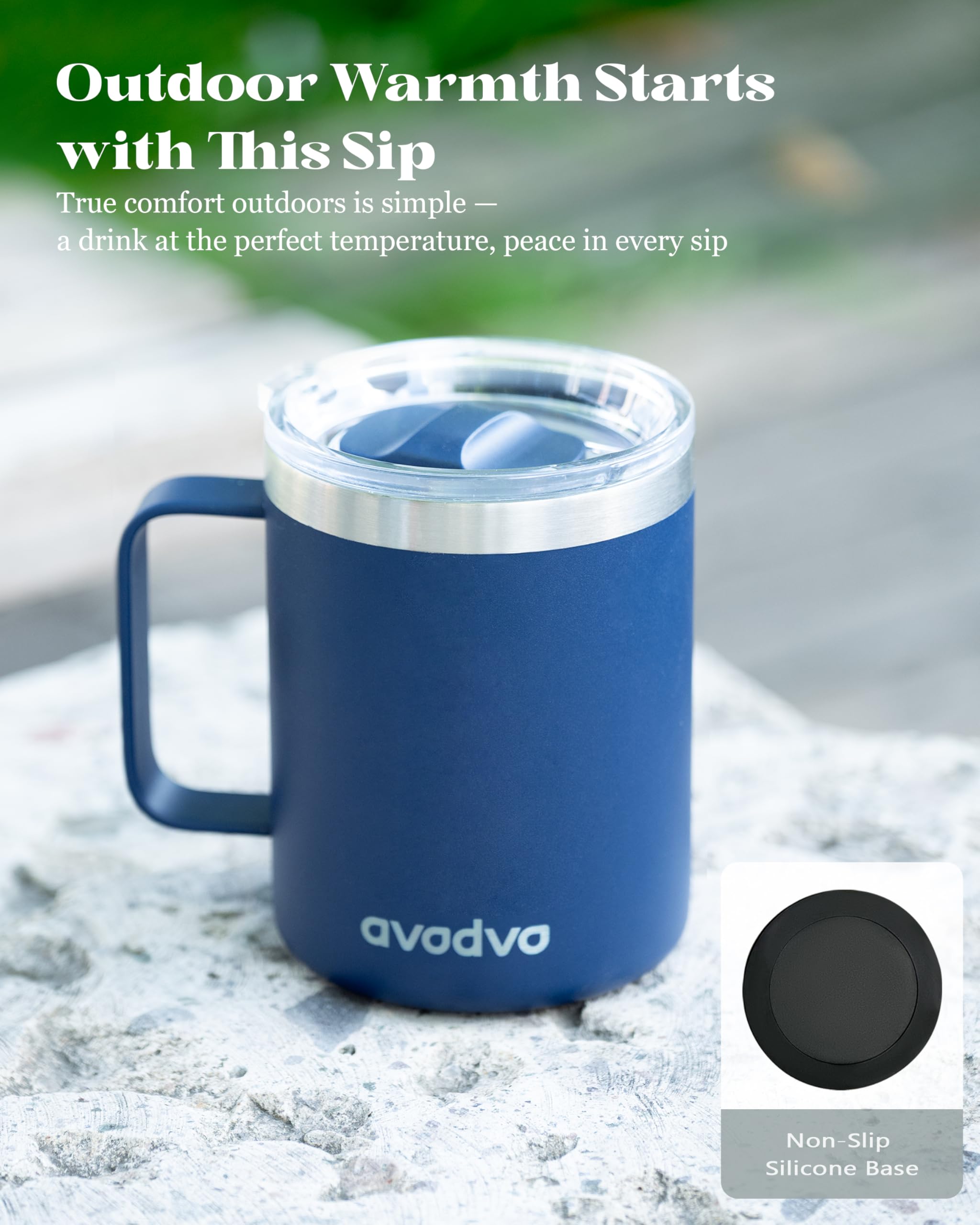 taza avodvo para camping, diseño robusto para uso al aire libre.