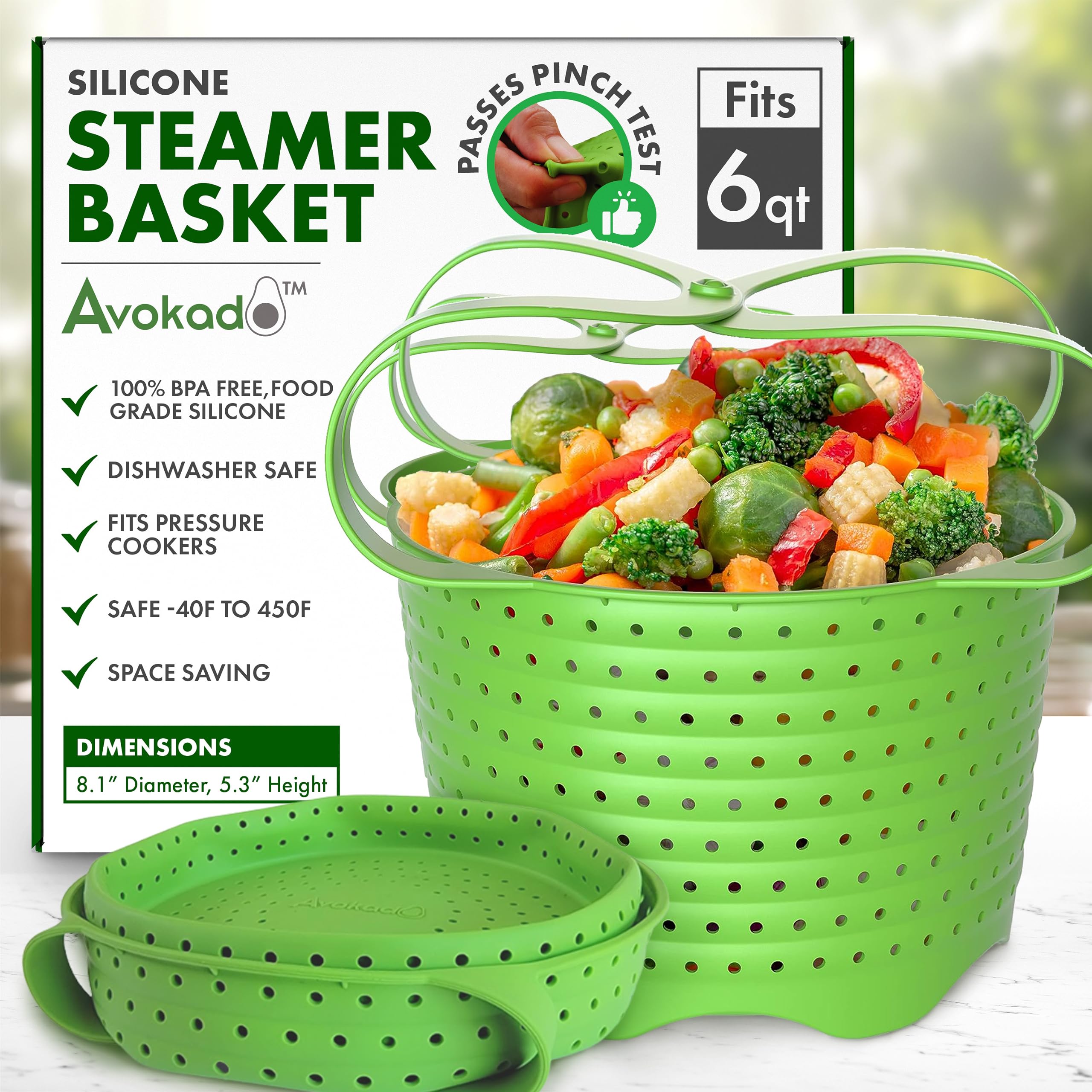 Cesta de vapor Avokado para 6qt en uso, facilita cocción al vapor sin BPA.