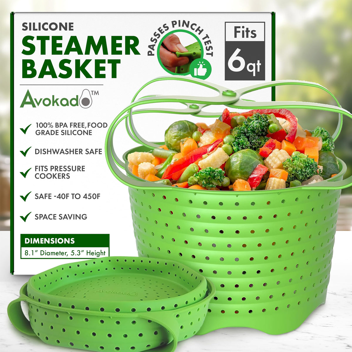 Cesta de vapor Avokado para 6qt en uso, facilita cocción al vapor sin BPA.
