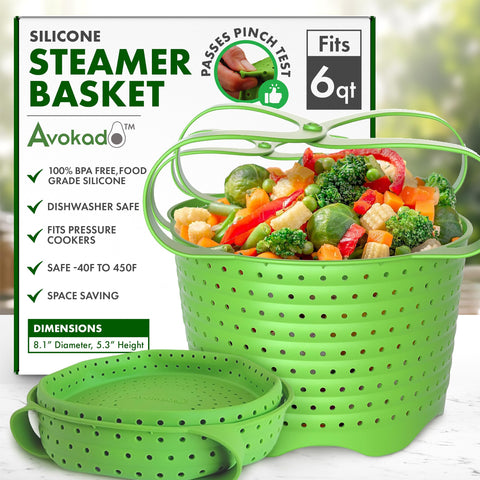 Cesta de vapor Avokado para 6qt en uso, facilita cocción al vapor sin BPA.
