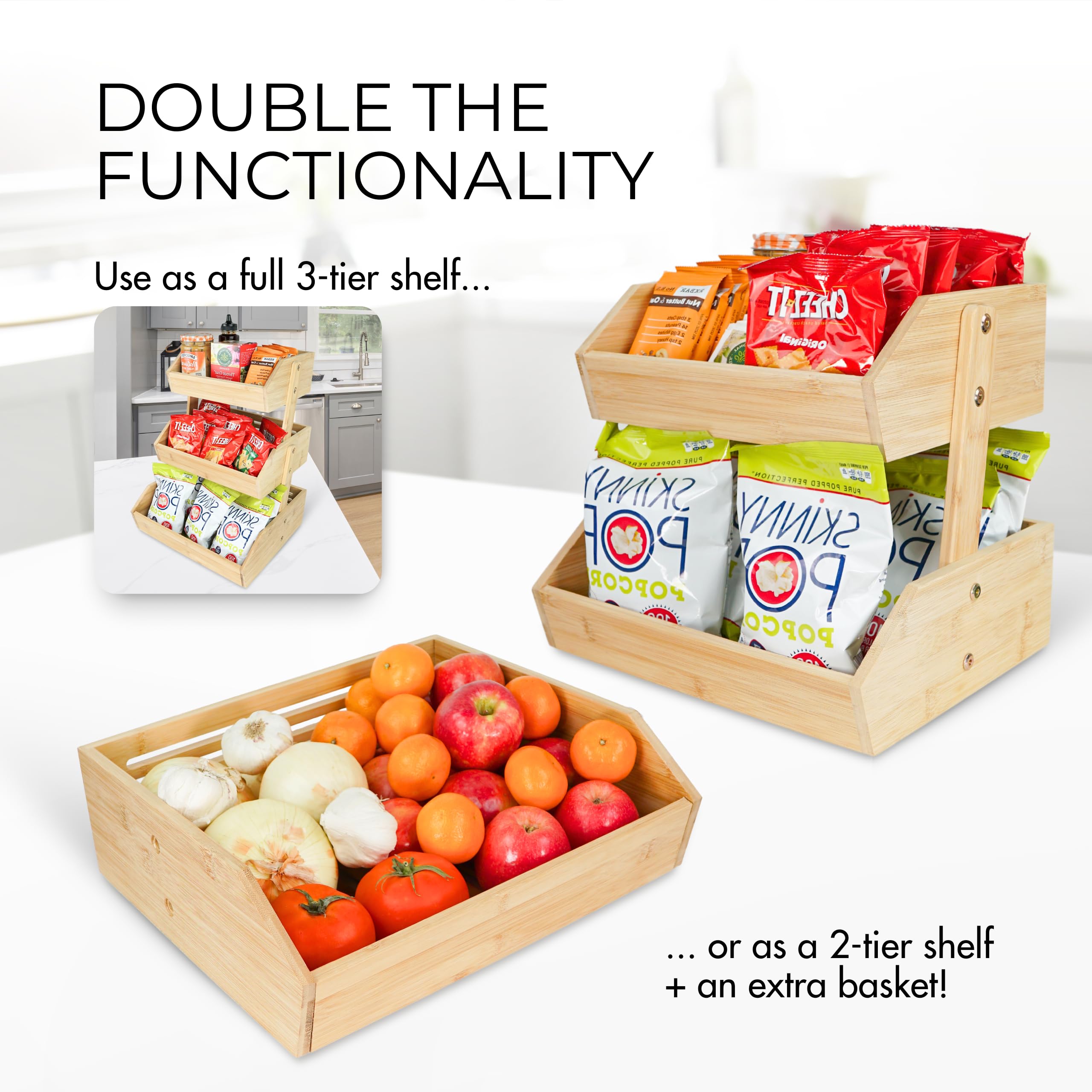 Avirti frutero-bambu-dos-niveles con cesta para ampliar capacidad.