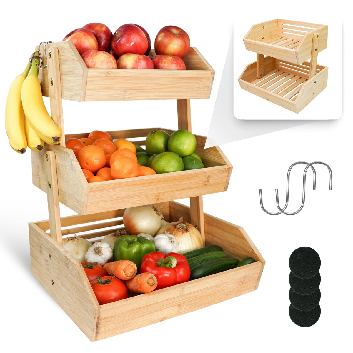 Avirti frutero-bambu-tres-niveles ideal para organizar frutas y verduras.