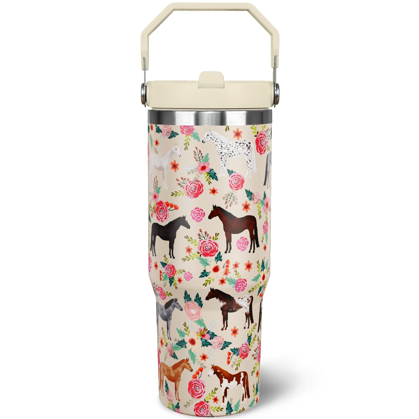 Vaso térmico awufncksn con tema de caballo, vista frontal, uso diario.