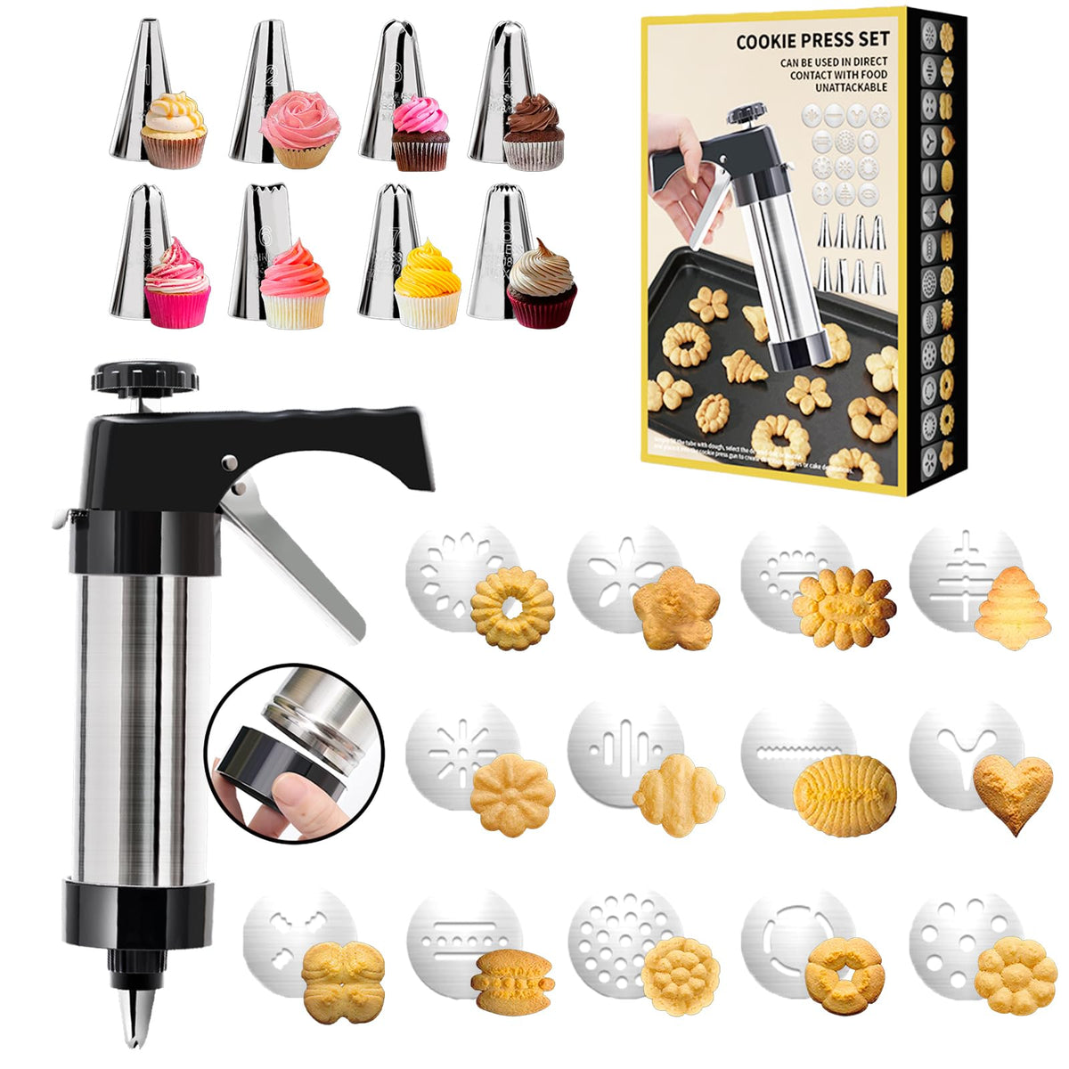 AXWATDEI cookie press negro con discos para diversas formas de galletas caseras