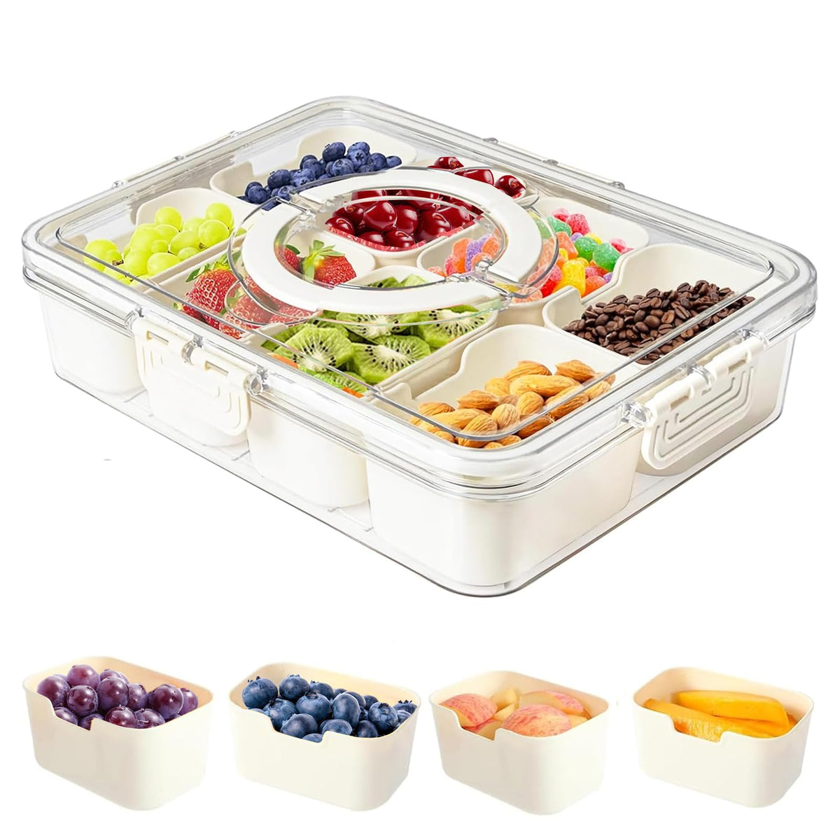 AYauGamA Snackle Box con 8 compartimentos y tapa, ideal para ordenar snacks en casa o viaje.