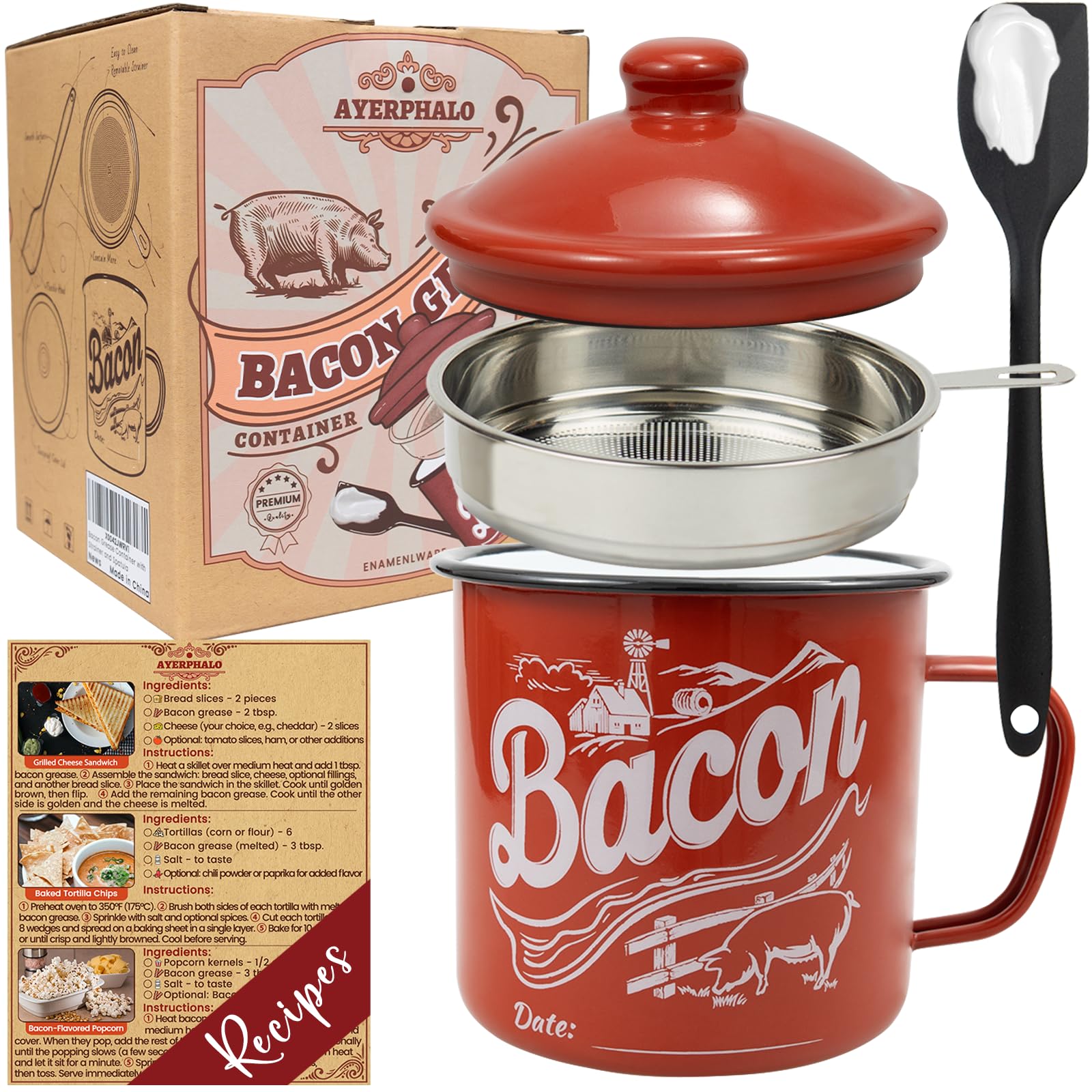 Ayerphalo Contenedor de grasa para tocino con colador, almacenamiento limpio y eficiente.