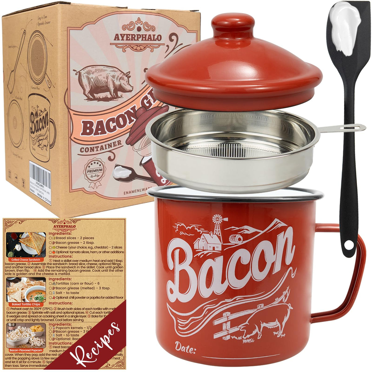 Ayerphalo Contenedor de grasa para tocino con colador, almacenamiento limpio y eficiente.