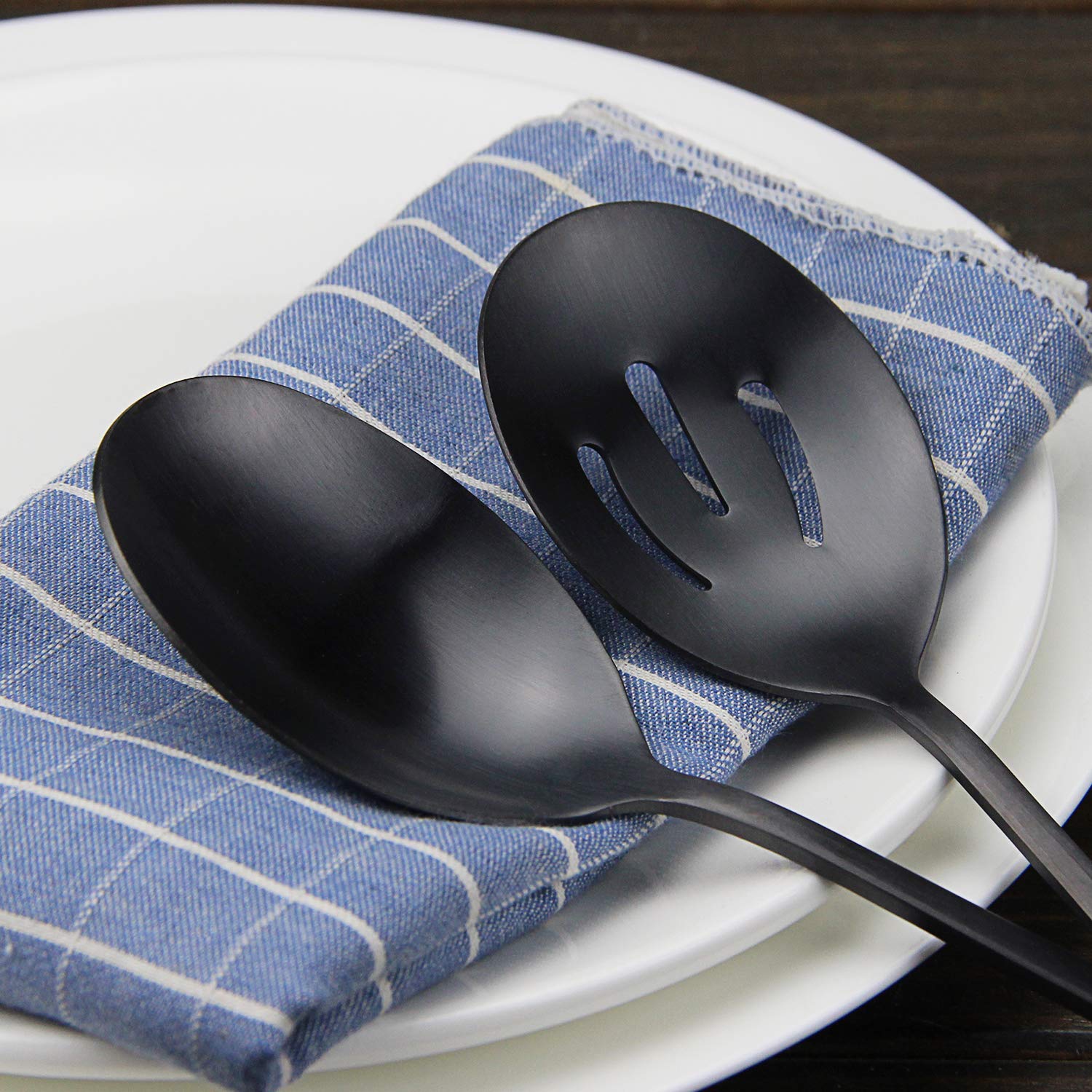 AYFDISHS cucharas ensalada negras en acero inoxidable, duraderas para uso diario.