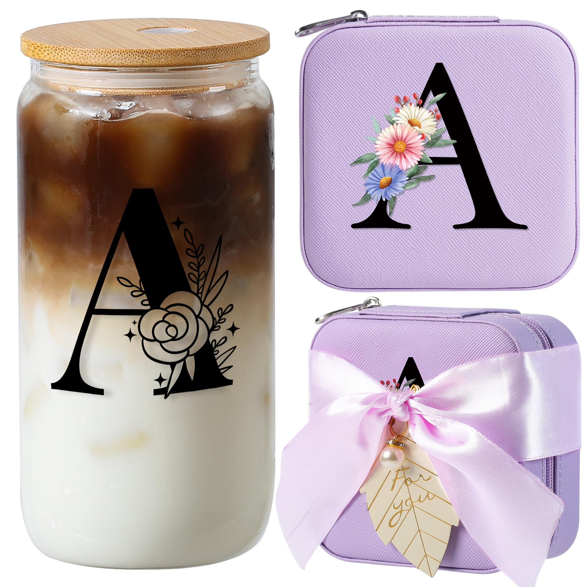 AYGXU caja de joyería inicial con tapa de bambú, almacenamiento elegante