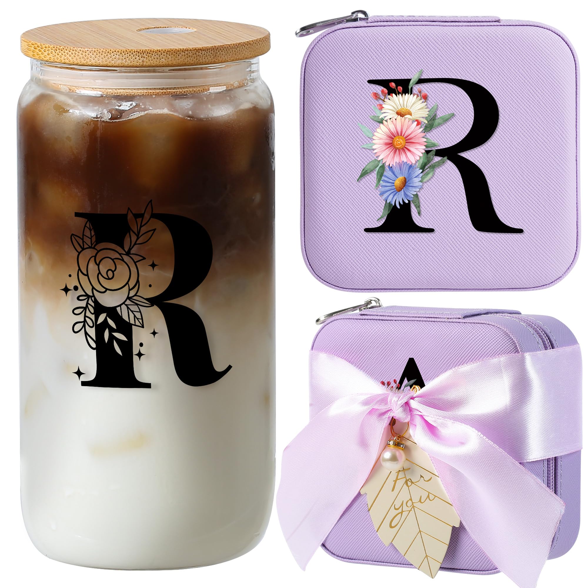 AYGXU caja de joyas de viaje con iniciales florales y tapa de bambú, protege joyas con estilo