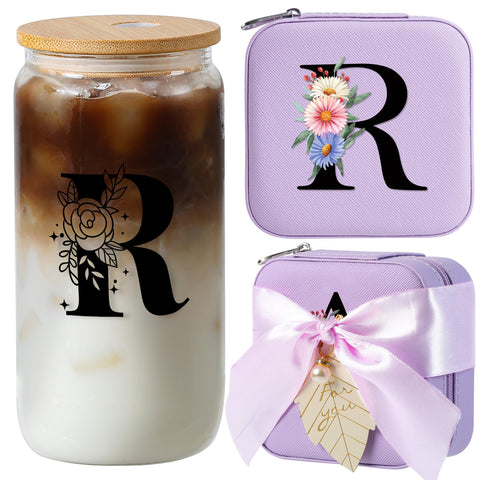 AYGXU caja de joyas de viaje con iniciales florales y tapa de bambú, protege joyas con estilo