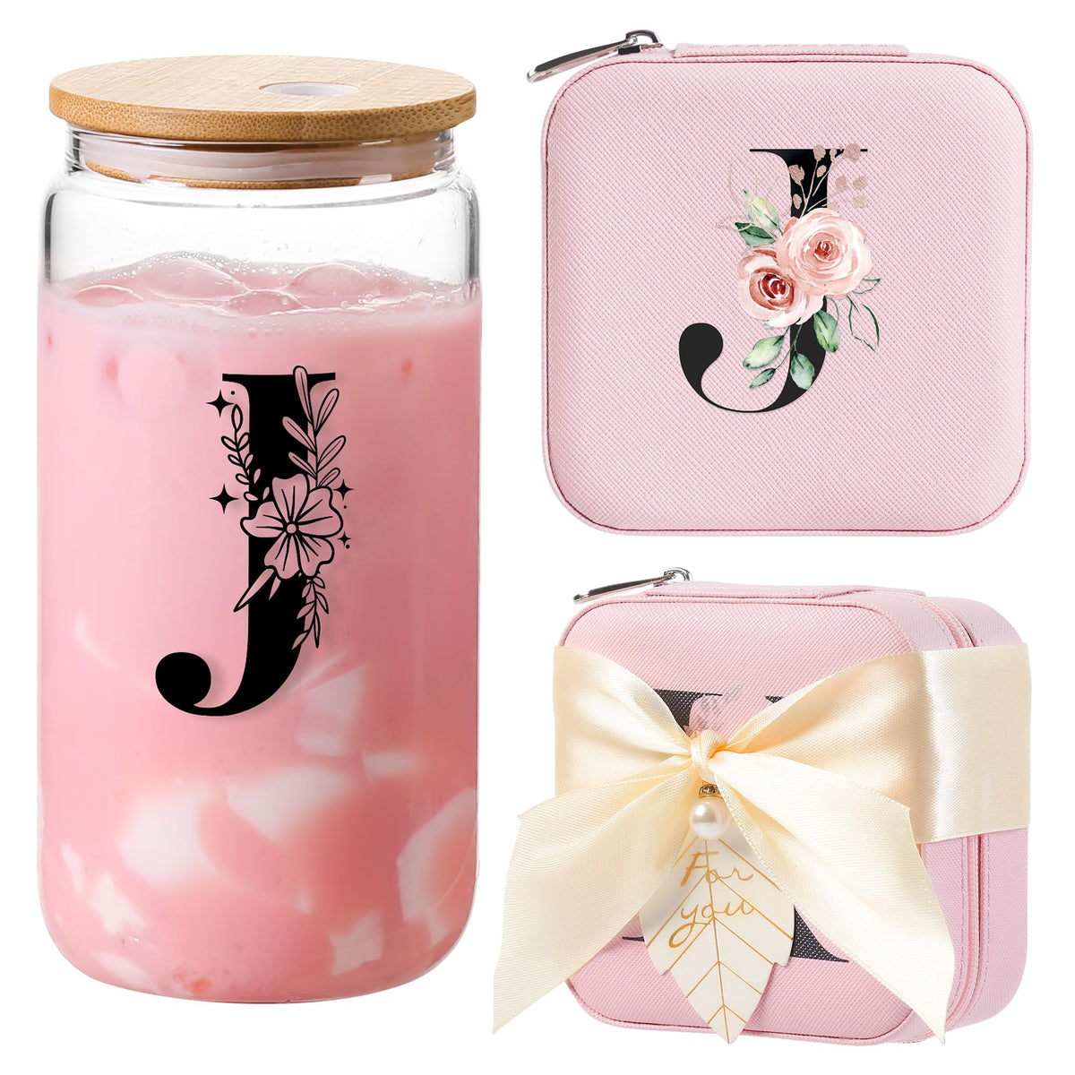 AYGXU caja joyeria inicial J rosa, organiza pendientes y anillos con estilo