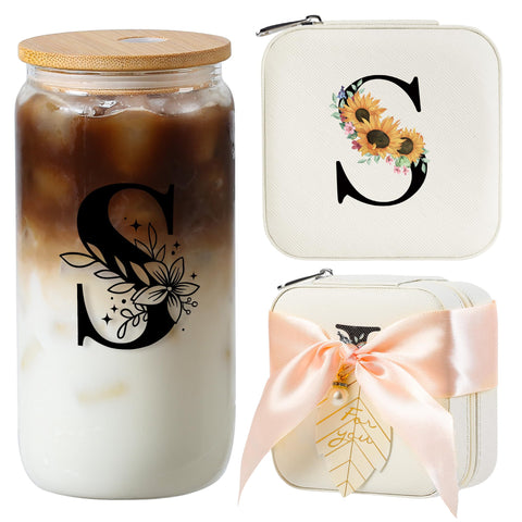 AYGXU caja de joyería inicial con girasol, regalo personalizado para ella.